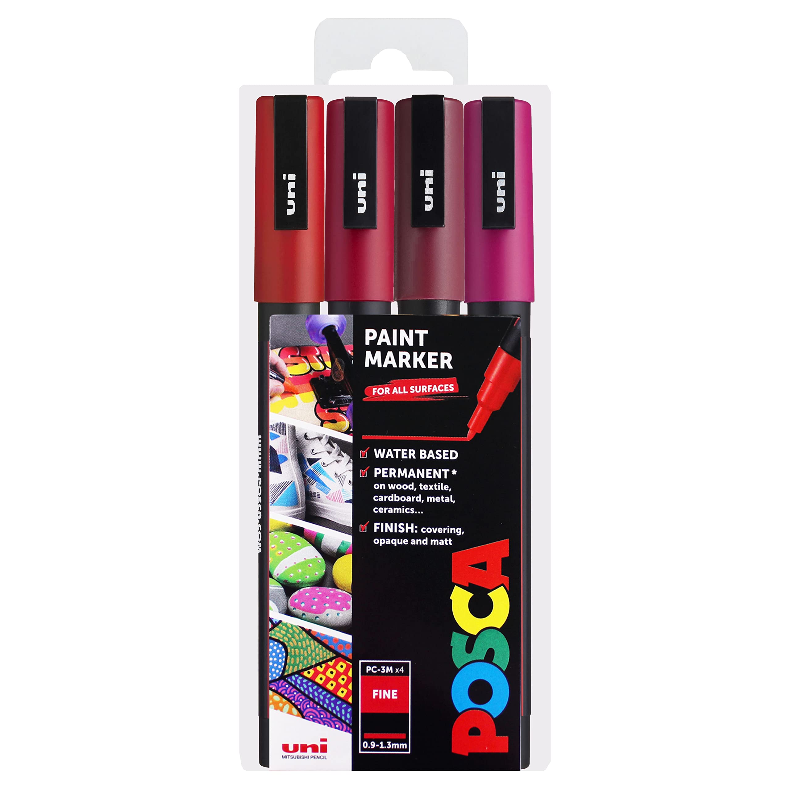 POSCA PC-3M Paint Marker Art Pens - 0.9-1.3mm – Red Tones Set of 4 Pens in Wallet