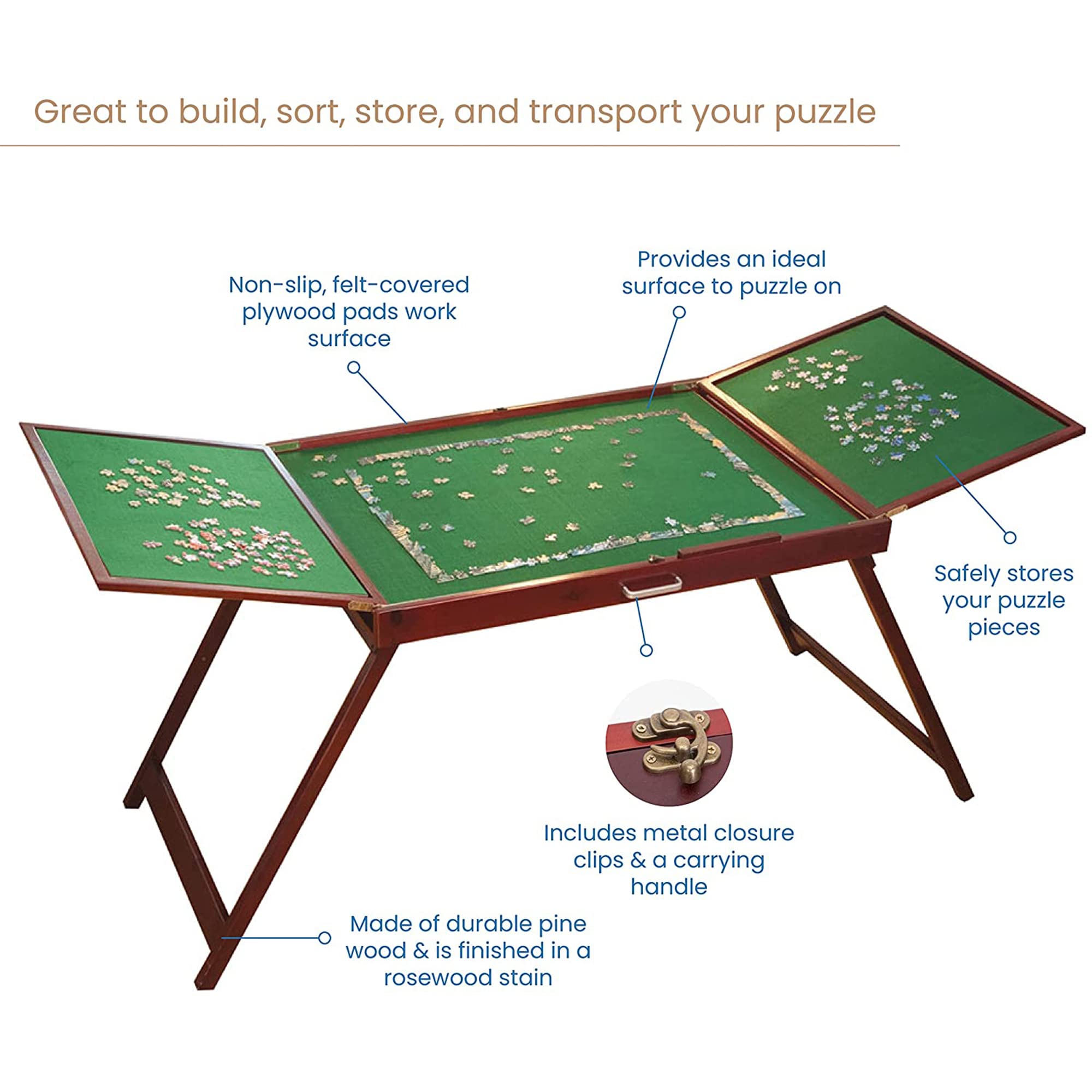 Bits and Pieces Fold-and-Go Wooden Jigsaw Puzzle Table with Legs, Foldable Puzzle Board for Up to 1500 Pieces, 30