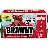 Brawny Tear-A-Square 3-Ply Paper Towels, 12 Double Rolls = 24 Regular Rolls, Strong, Absorbent, and Durable with 3 Sheet Sizes