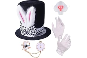 Domkier White Rabbit Costume Set Easter Bunny Ear Top Hat for adult, Mad Hatter Rabbit Topper Plush Hat Halloween Party
