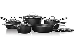 Starfrit The Rock Diamond 10PC Non-Stick Set - Durable Forged Aluminum - Oven Safe - PFOA Free - Easy to Clean - Black
