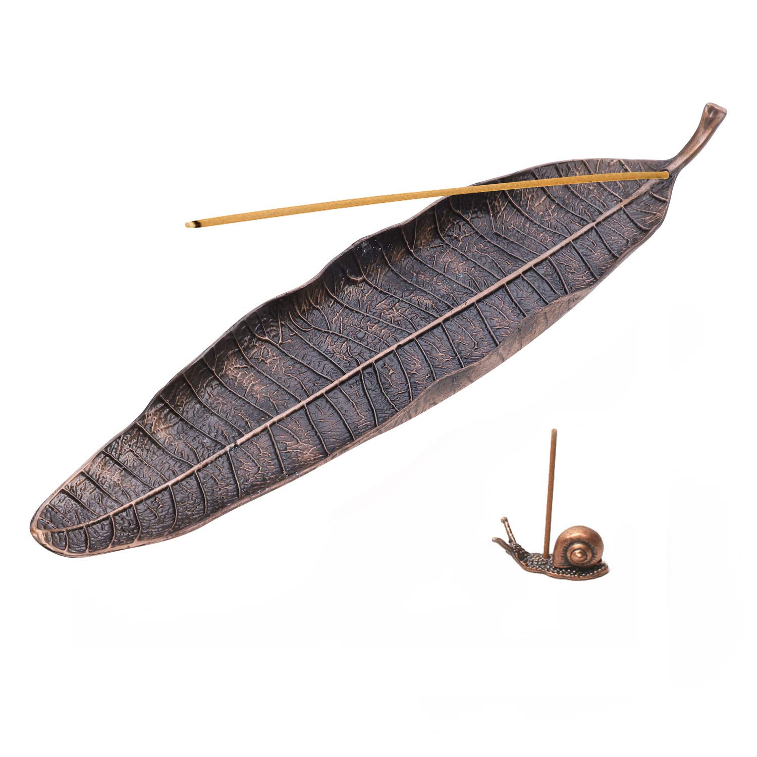 Vintage Metal Incense Holder Ash Catcher Long Leaf Incense Burner Novelty Antique Ash Catcher with Snail Stick Holder for Meditation Yoga Aromatherapy Home Office Decor
