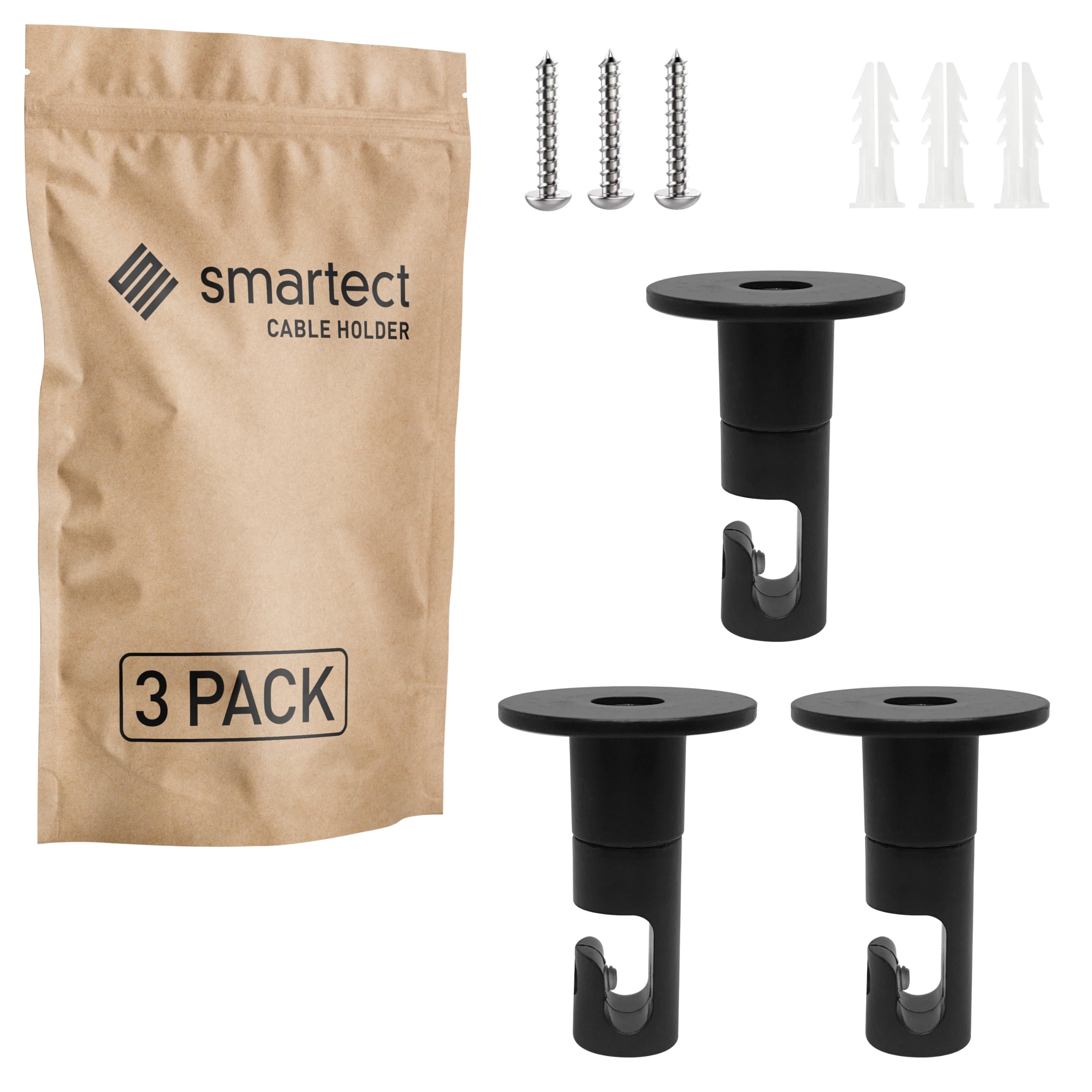 smartect Wall and Ceiling Pins for Hanging Textile Cables [3 Pieces, Black] Cable Decentralizer with wall Plugs and Screws Included, Ceiling Light Hook for Your DIY Project