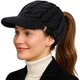 ChicPony™ Merino Wool Visor Ponytail Beanie with Brim Fleece Lined 3 Bun Openings Hole Warm Windproof Knit Cap Winter Hat