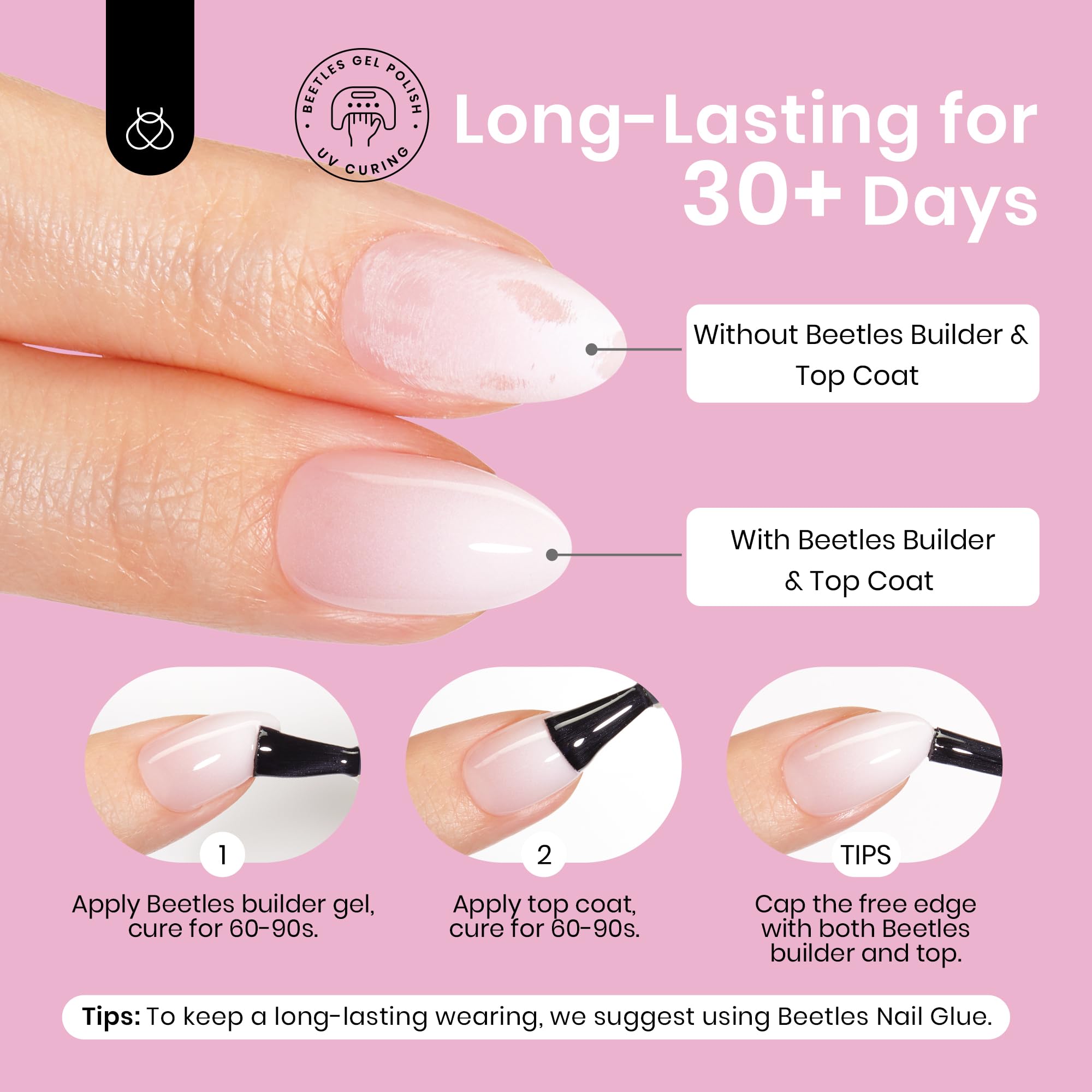 Beetles French Tip Press On Nails, 16 Sizes 224 Pcs Ombre Pink Extra Short Almond Press On Nails 4 In 1 Gel Nail Tips Pre-Applied Primer Base Soak Off Uv Nail Extension Valentines Gift for Women - Image 5