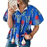 Cicy Bell Womens Boho Floral Blouses Short Puff Sleeve V Neck Babydoll Shirts Flowy Tie Front Tops