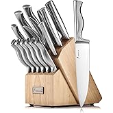 Kangdelun 15 PCS Kitchen Knife Set with Non-Slip Handle, Ultra Sharp High Carbon Stainless Steel, Natural Wood Block