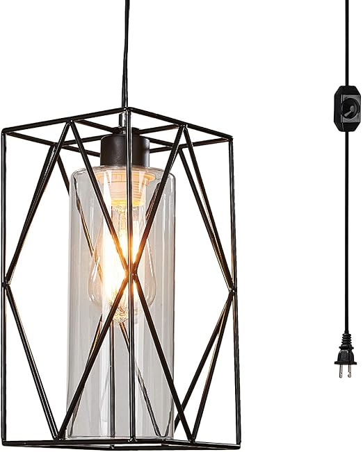 Ganeed Plug In Pendant Lights With Glass Lamp Shade Industrial