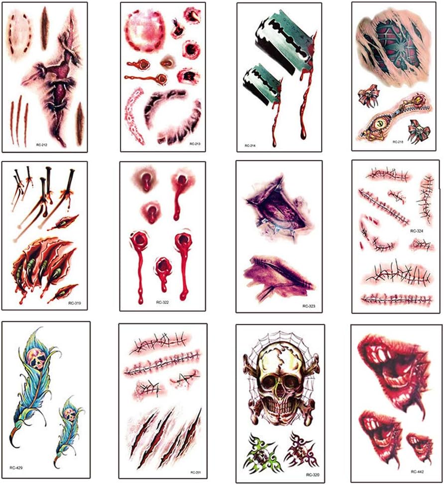 JOZZ 12 Pack Halloween Tattoos, Zombie Scars Vampire Wounds Temporary Tattoo Makeup Tattoos Stickers for Halloween Party Prop and Cosplay Sticker, 12 Different Design Sheets