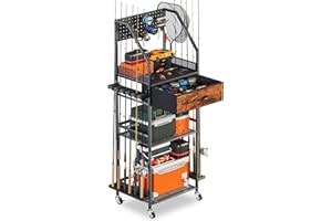 JIRTEMOT Fishing Rod Holder Organizer with Fabric Drawer & Pegboard, Space-Saving Garage Storage for 12 Rods, Reels, Tackle Boxes, Portable Fishing Gear Cart for Easy Access & Mobility