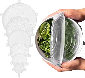 Silicone Stretch Lids Food Covers Reusable Small Large Rectangular 6 12 Pack, Durable Expandable Lids to Keep Food Fresh, Fit Various Sizes Containers Saver Bowl 6 Sizes Color White (6 Pack, White)