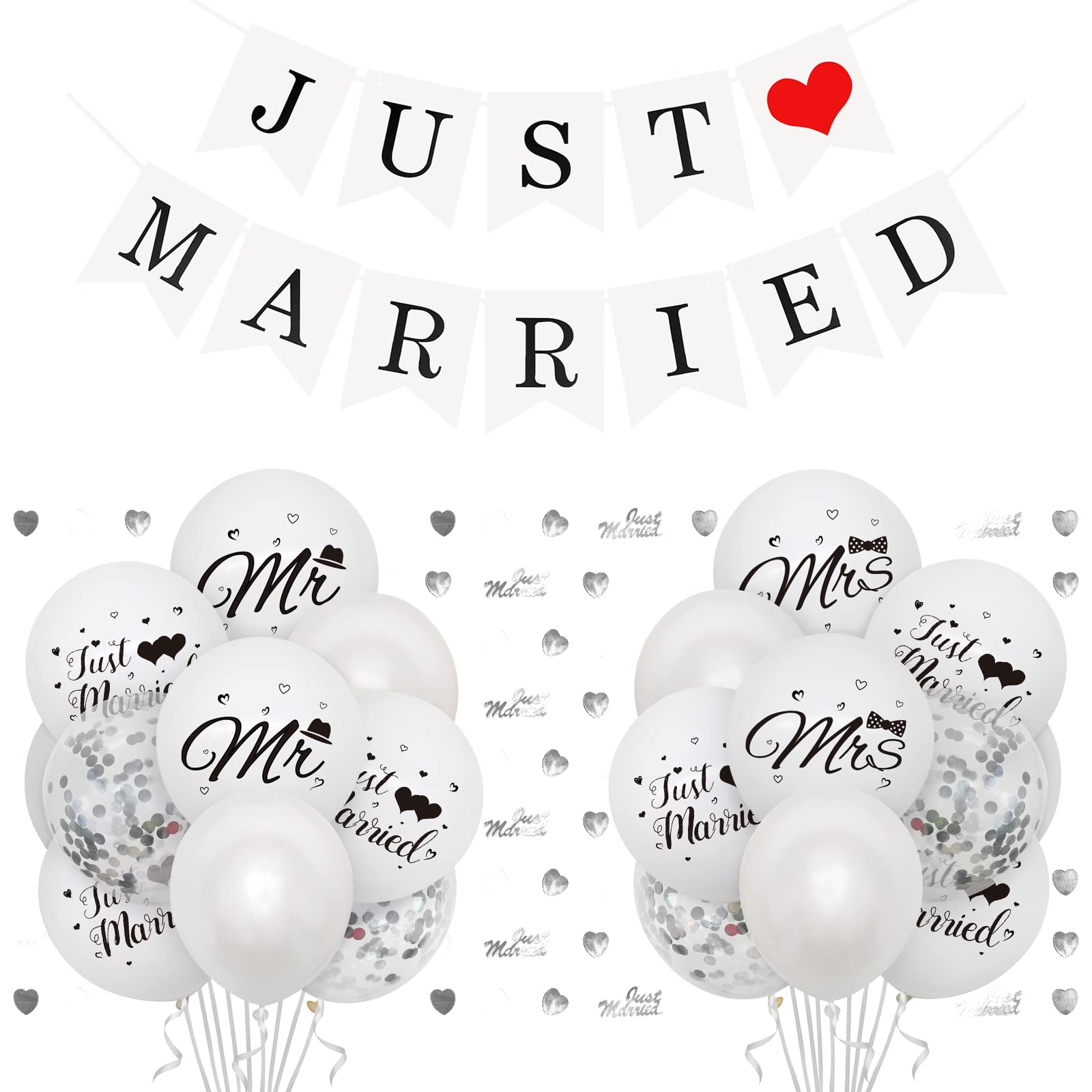 Just Married Wedding Decoration with 38 Balloons, 1pcs Just Married Banner, Just Married Car Decoration Mr and Mrs Balloons Silver Just Married Table Confetti for Wedding Bridal Shower Decorations