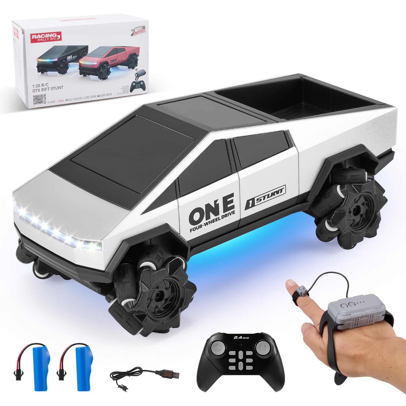 Trsaow 4WD All-Terrain Off-Road RC Car with 360° Stunt Drift, 2.4GHz Remote Control, Dual Batteries and Cool Lights for Kids Outdoor Adventure