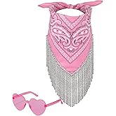 Rhinestone Fringe Bandanas with Heart Sunglasses - Sparkly Disco Cowgirl Bling Bandanas for Men & Women - Pink