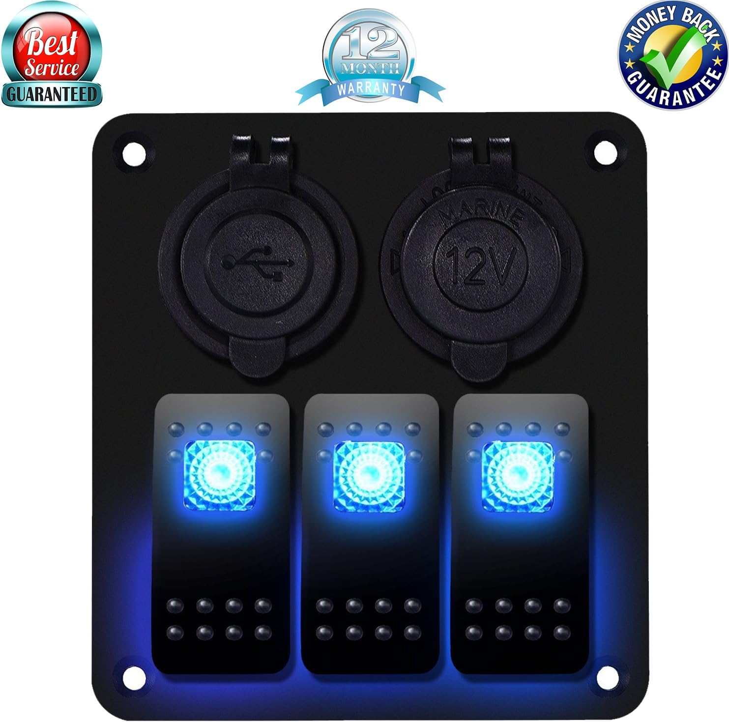 MKING Waterproof 3 Gang Car Marine Boat Rocker Switch Panel with Fuse Dual USB + Power Socket Digital Voltmeter Overload Protection for RV Car Boat (3 Gang)… (B-3GANG-BLUE) : Sports & Outdoors