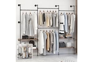 DABILONGC Industrial Pipe Clothes Rack,Wall Mounted Closet Wardrobe Rack, Corner L Shaped Walk-in Closet System, 2 Installation Methods (Black, 80" H x 78" W)