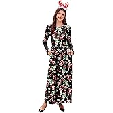 For G and PL Women's Ugly Christmas Maxi Dress Long Sleeve Graphic Outfit with Pockets