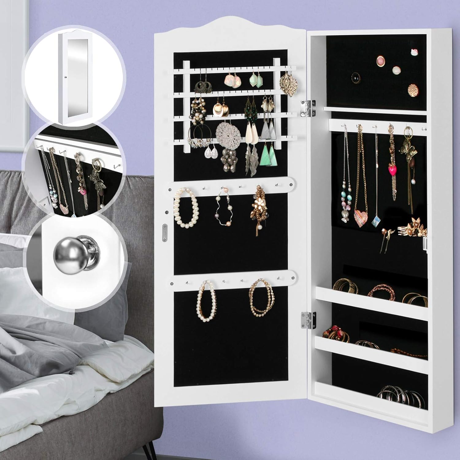 Armoire à Bijoux avec Miroir Murale ou Accrochée à la Porte, 35 x 96