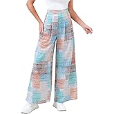 HEPOE Palazzo Pants for Women, Wide Leg High Waist Flowy Dressy Casual Boho Trousers with Pockets, Blue & White, XX-Large