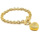 Dankadi Charm Women 925 Sterling Silver Key Lock Pendant Bracelet Fashion Solid Silver Rolo Chain Bangle Fine Jewelry Gift For Wife & Girlfriend (Gold Heart Style, 6.3 inch)