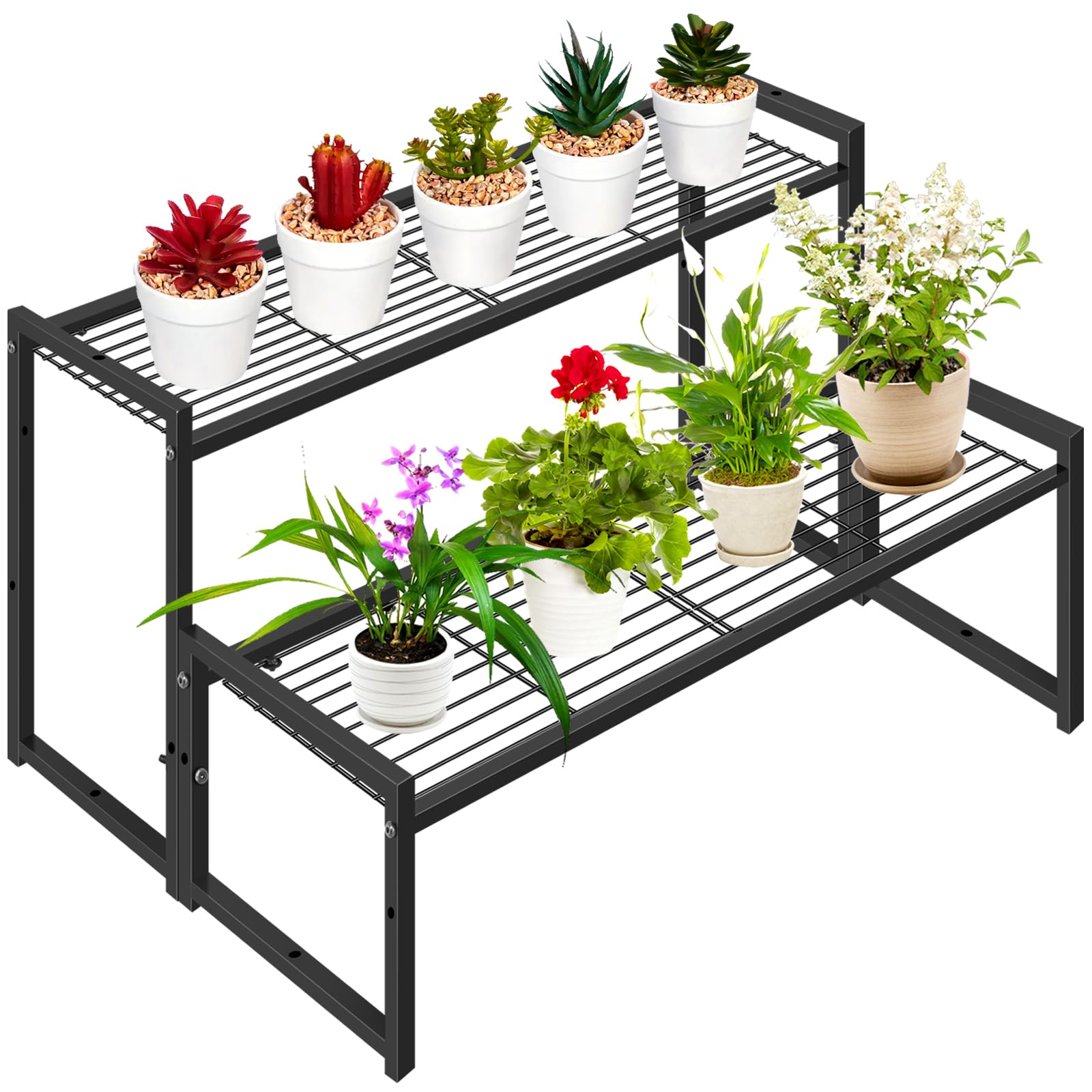 Photo 1 of Meyoppm 2 Tier Metal Plant Stand Indoor Outdoor, Ladder Flower Pot Holder Plant Stands, Stackable Heavy Duty Tall Plant Shelf Flower Pot Holder for Garden, Display Rack