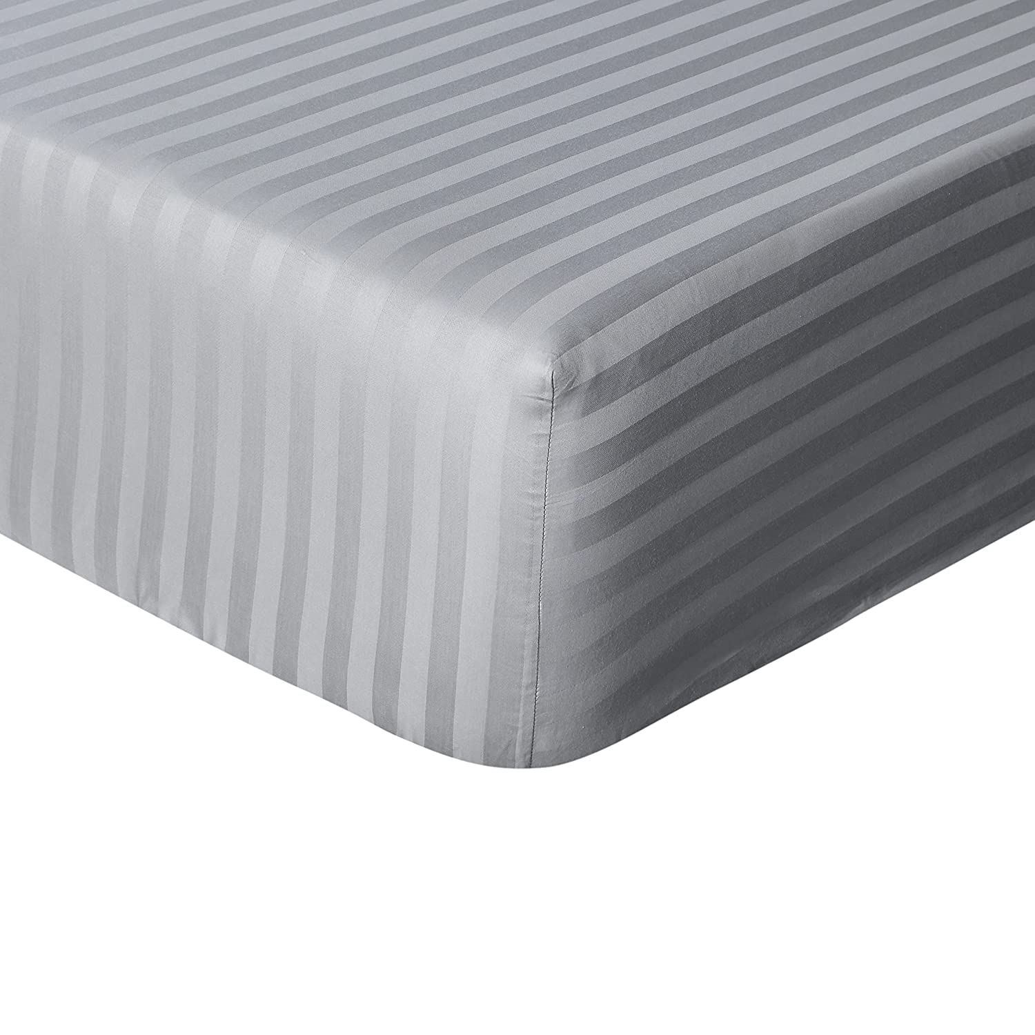 Sleepdown Hotel Quality Fitted Sheet 100% Cotton Satin Stripe Warm Cosy Breathable Super Soft Bedsheet Bed Linen Easy Care 32cm Extra Deep Pockets - Grey - Double, 5056557514045