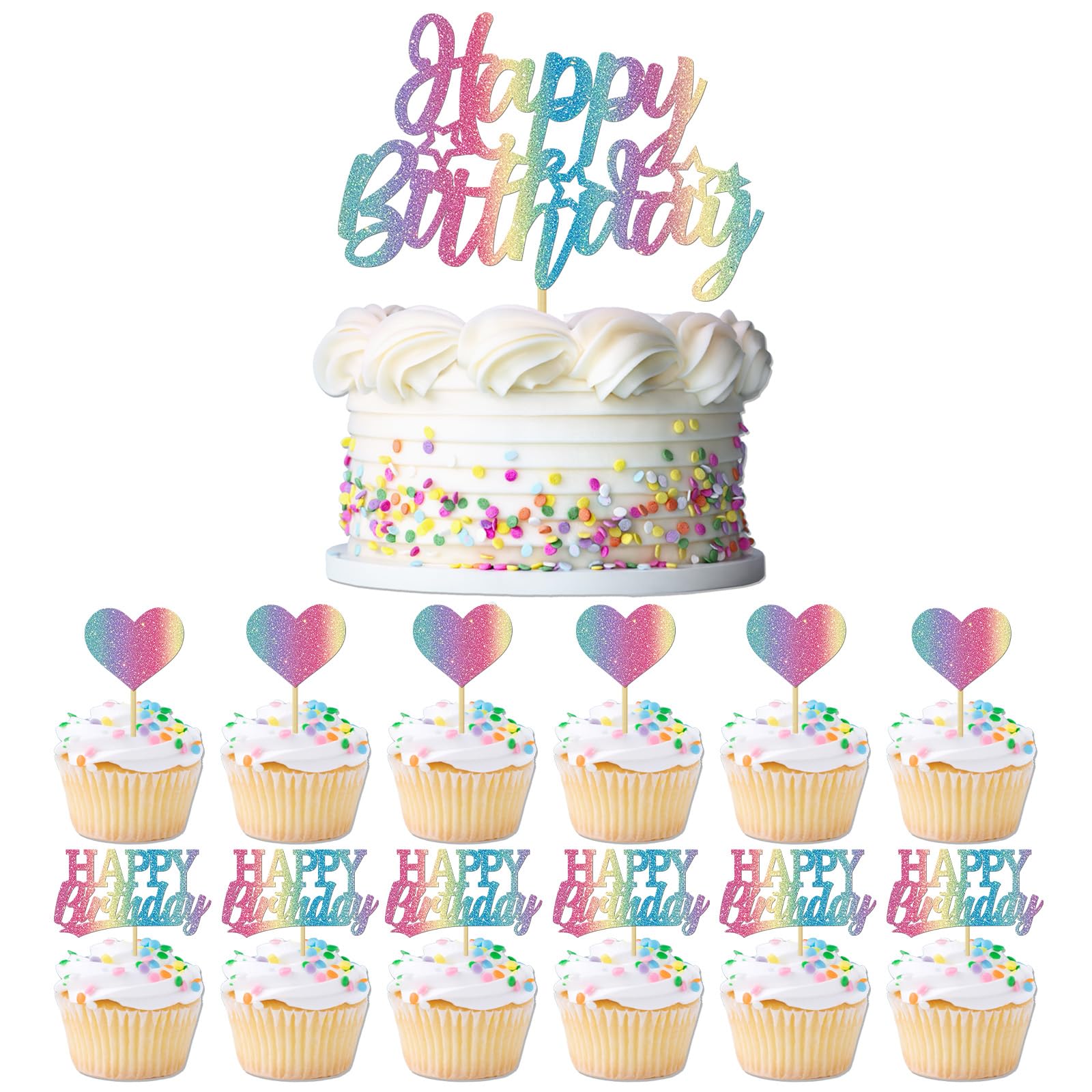 Photo 1 of 13 PCS Happy Birthday Cake Topper Set, Glitter Birthday Cupcake Topper with Heart Cake Topper Decoration for Kids Boys Girls Birthday Party Supplies