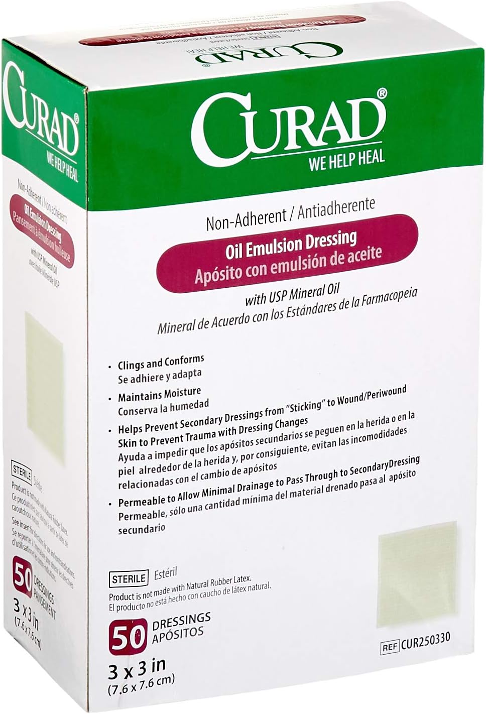 Curad - CUR250330 Sterile Oil Emulsion Non-Adherent Gauze Dressing, 3x3 inches, for Minor Burns, Abrasions, 50 Count