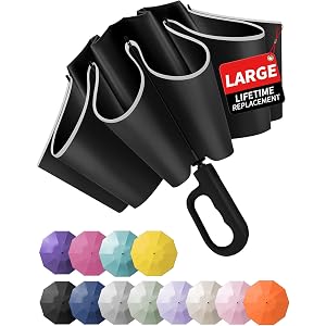 Jorilis Inverted Umbrella with Carabiner Handle, Windproof UV Sun & Rain | Reverse design keeps wet side inside, windproof wa