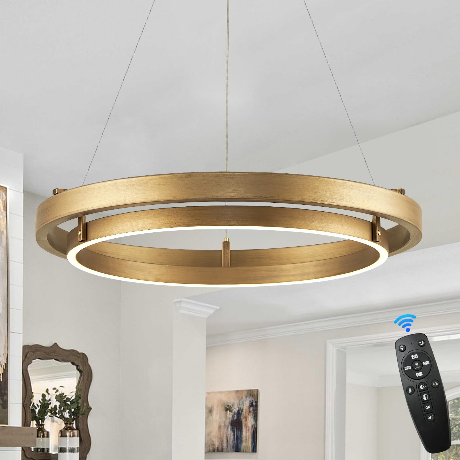 Photo 1 of ***It is missing a part, is used, and it is not 100% certain.**LED Ring Chandelier Brass Gold Chandelier Dimmable Round Foyer Chandeliers Light Modern Circular Chandeliers for Dining Room Entry Bedroom Office Living Room, 24in