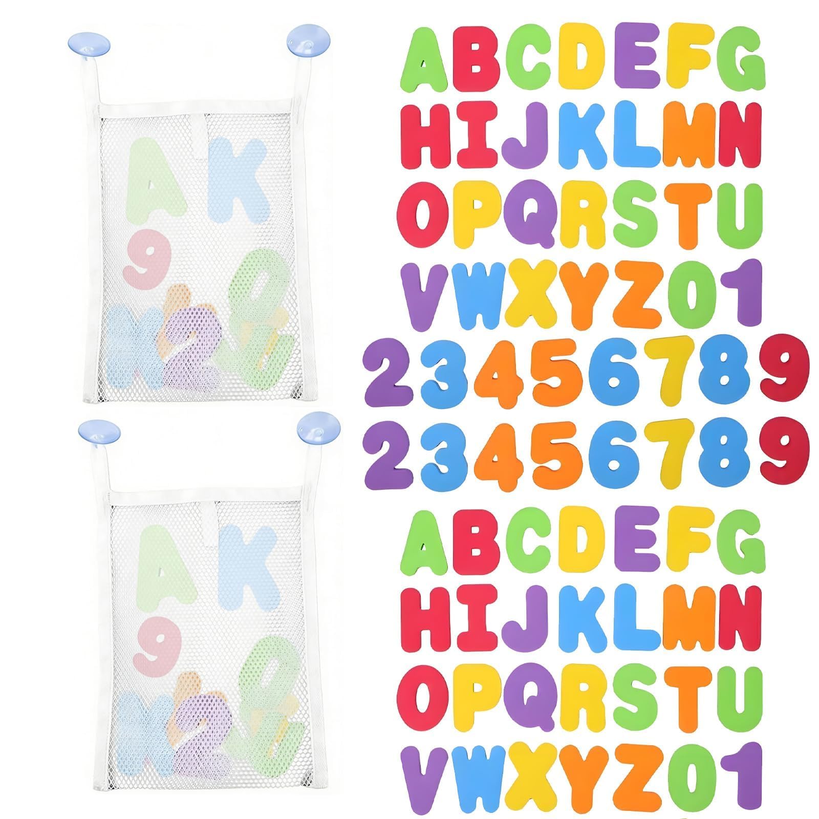 2 pcs Mesh Bag and 72 Bath Letters and Numbers, with Bath Toy Bag, Baths Foam Letters and Numbers and Foam Letter, Baths Number and Letter Foams Toys Suitable for Learn and Play