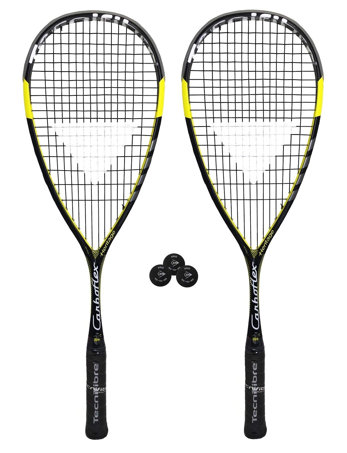 Tecnifibre Carboflex 125 Heritage 2 Basaltex Squash Racket (2 x Rackets + 3 Pro Squash Balls)
