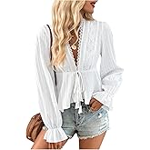 MakeMeChic Women's Lace V Neck Bell Sleeve Blouse Tie Front Ruffle Hem Going Out Tops