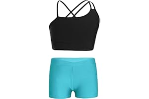Hansber Kids Girls 2 Piece Dance Outfits Crop Top with Booty Shorts Active Set Gymnastics Leotard Dancewear Swimwear