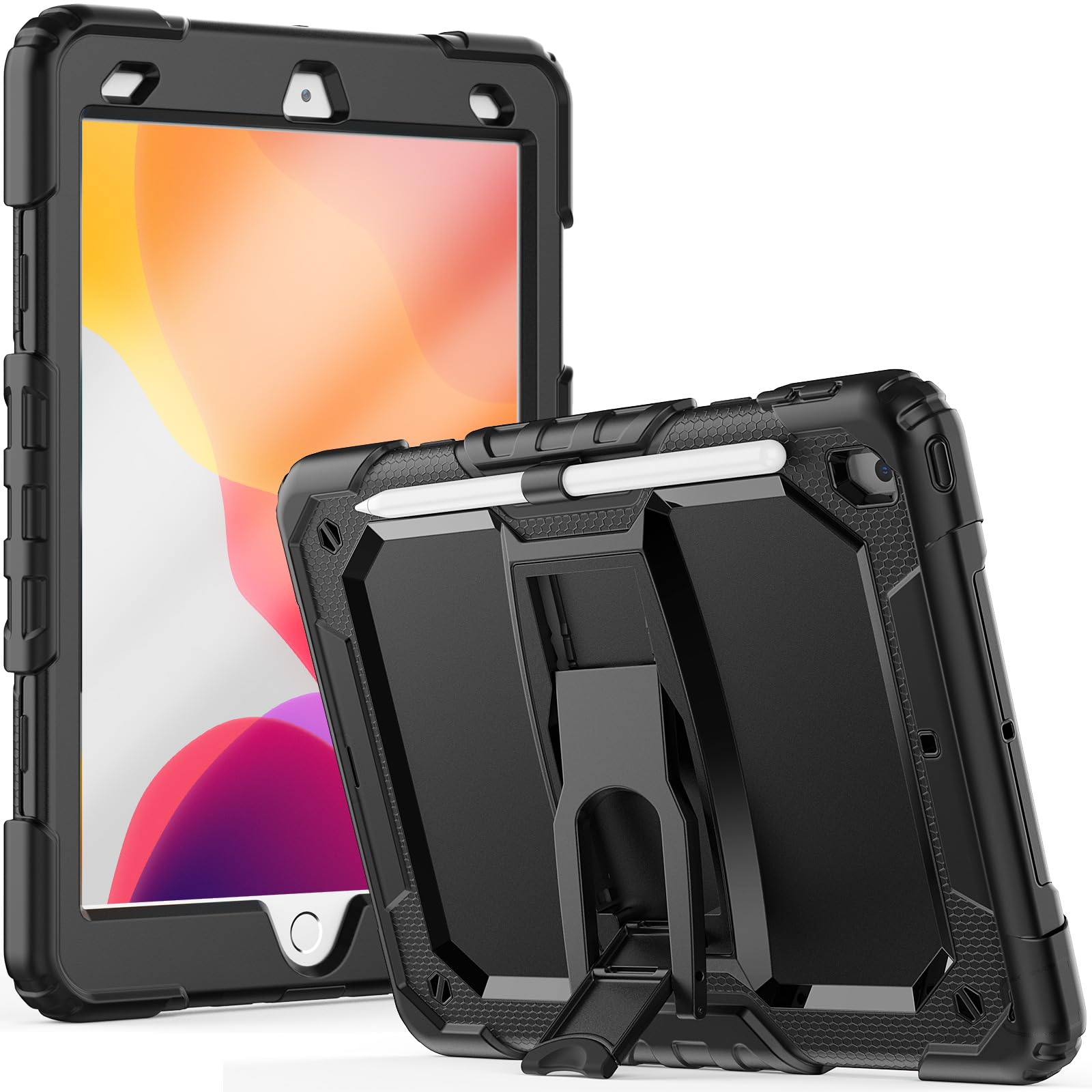Timecity Case for iPad 9th/ 8th/ 7th Generation 10.2 inch 2021/2020/2019 - Heavy Duty Protective Cover with Screen Protector, Foldable Stand, Pencil Holder | Kids-Friendly (Black)