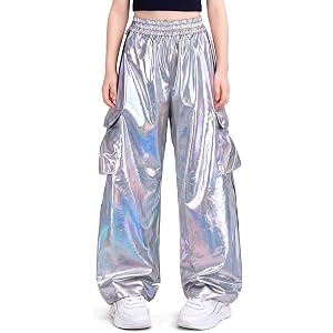 Nawgut Sequin Cargo Pants Metallic Hip Hop Dance Wide Leg Pants High Waisted Multi-Pocket Joggers for Girls