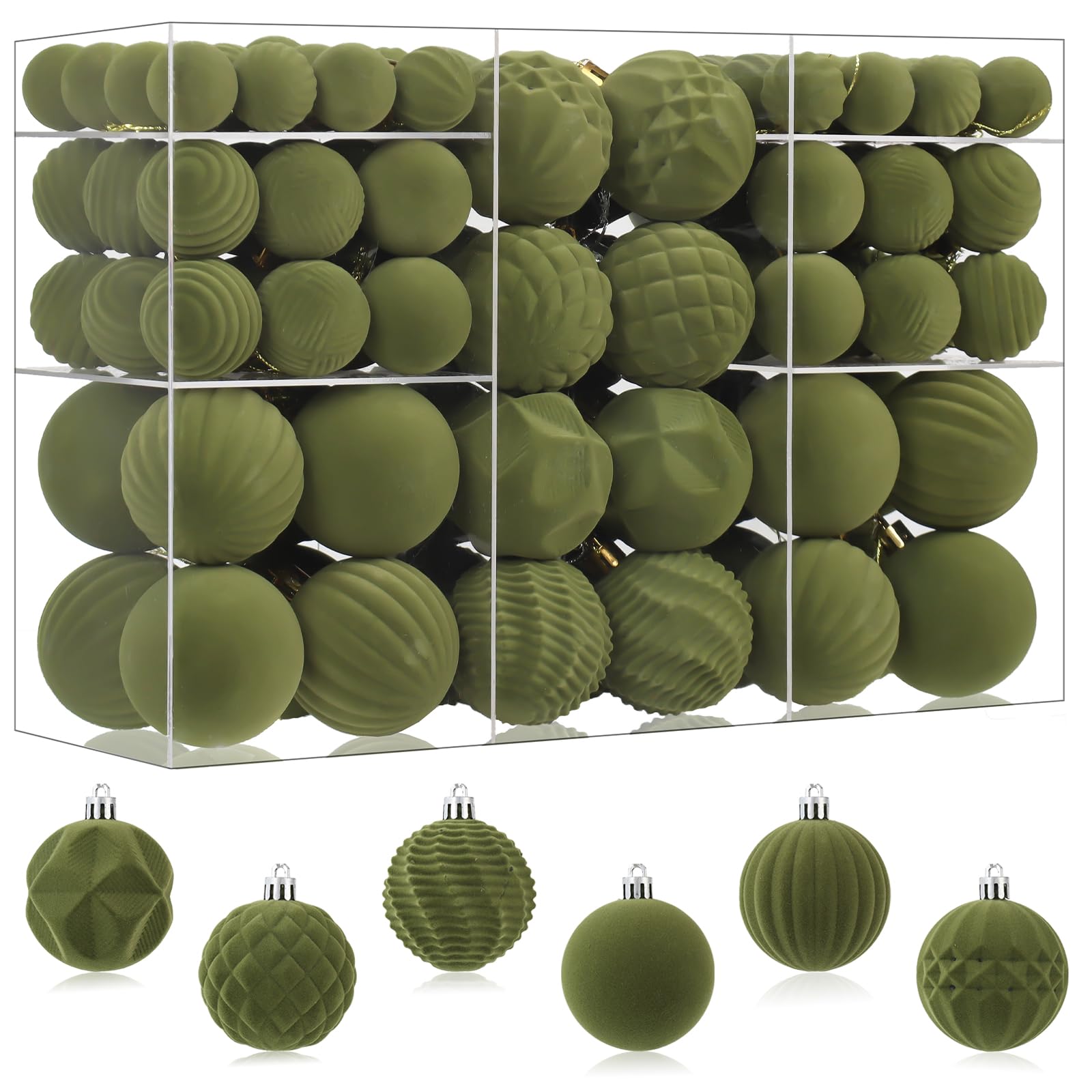 Photo 1 of 100PCS Olive Green Velvet Christmas Ornaments Set, Shatterproof Flocked Christmas Balls Decorations Bulk, Christmas Hanging Ball Velvet Ornaments for Christmas Trees Festival Party Decor (Olive Green)