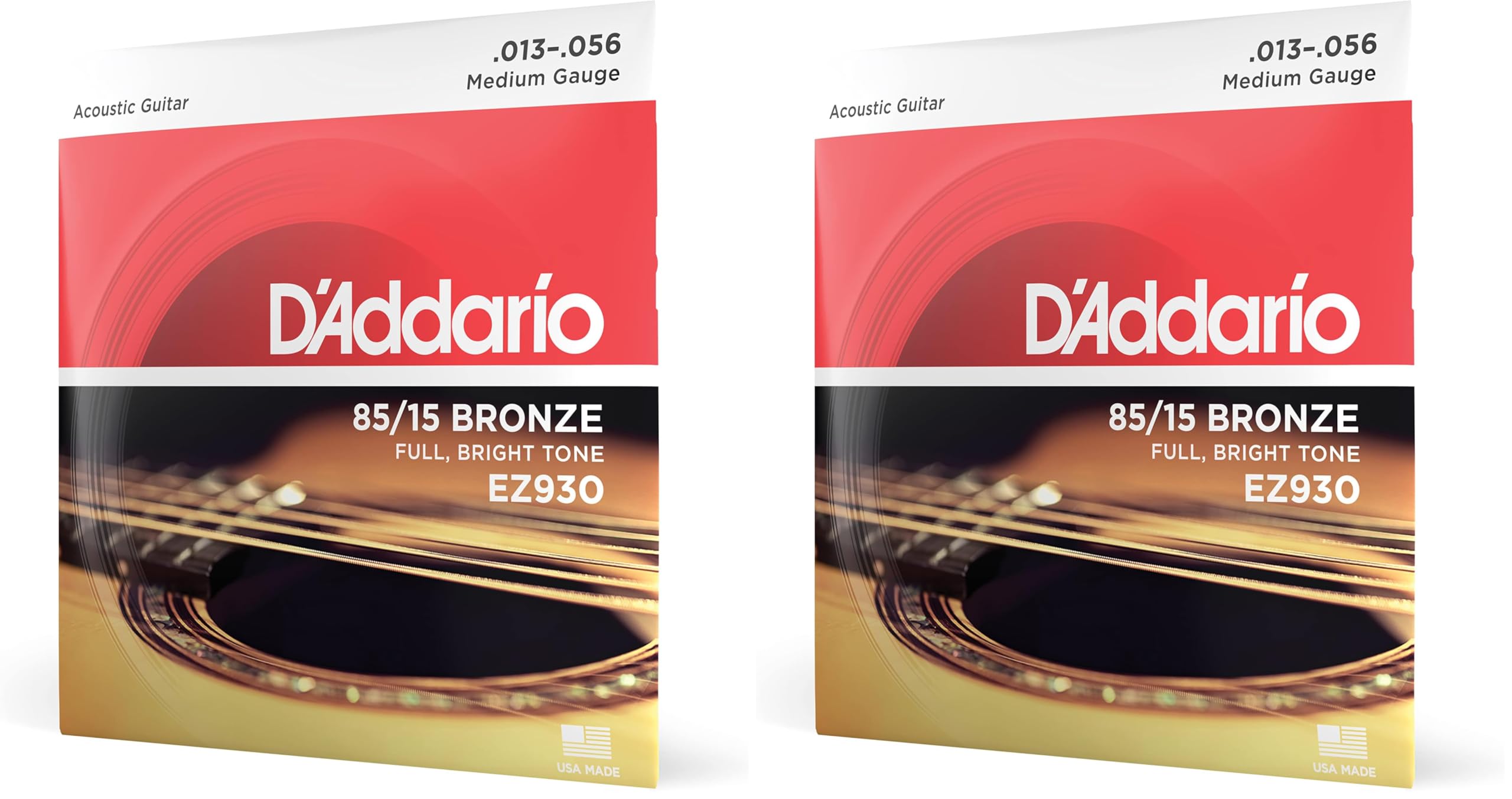 D'Addario Guitar Strings - Acoustic Guitar Strings - 85/15 Bronze - For 6 String Guitar - Full, Bright Tone - EZ930 - Medium, 13-56 (Pack of 2)