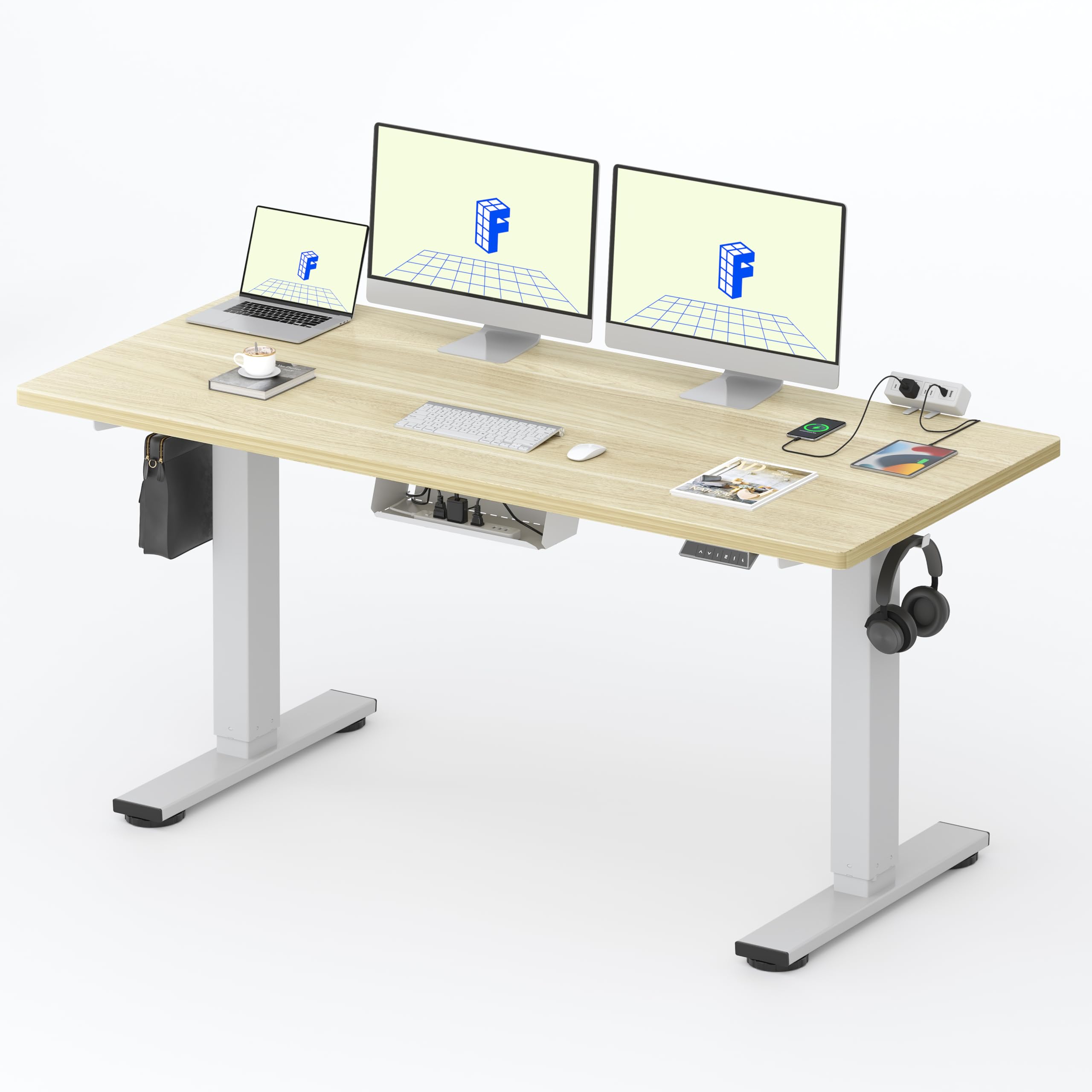 FLEXISPOT EN2 Whole-Piece Standing Desk with Clamp Power Strip, 60 x 24 Electric Stand Up Height Adjustable Desk with Cable Management (White Frame + 55" White Wood Grain Desktop, 2 Packages) Image