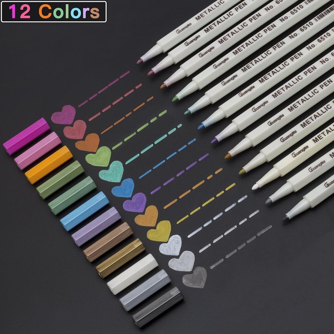 15/12 Color Metallic Marker Pens Set With Metallic Sheen Glitter, Calligraphy Brush Markers For Card Making, Rock Painting, Glass, Metal, Wood, Works on Most Surfaces, DIY Photo Album (12 Colors)