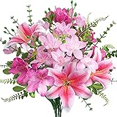 Luabue 10 Pcs 18.5” Pink Artificial Fowers Silk Fake Lilies Pink Flower Bouquet Fake Spring Flowers Floral Arrangements for Valentine's Day Decoration Home Wedding Table Centerpieces Decor
