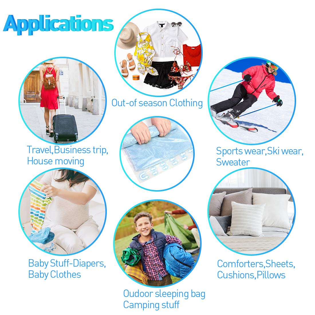 WOSTOO Travel Space Saver Bags 12 Pack - 4*Small + 4*Medium + 4*Large - Hand Roll Up Reusable Vacuum Storage Bags for Clothing, Organizing, Luggage, and Suitcase (No Vacuum or Pump Needed)