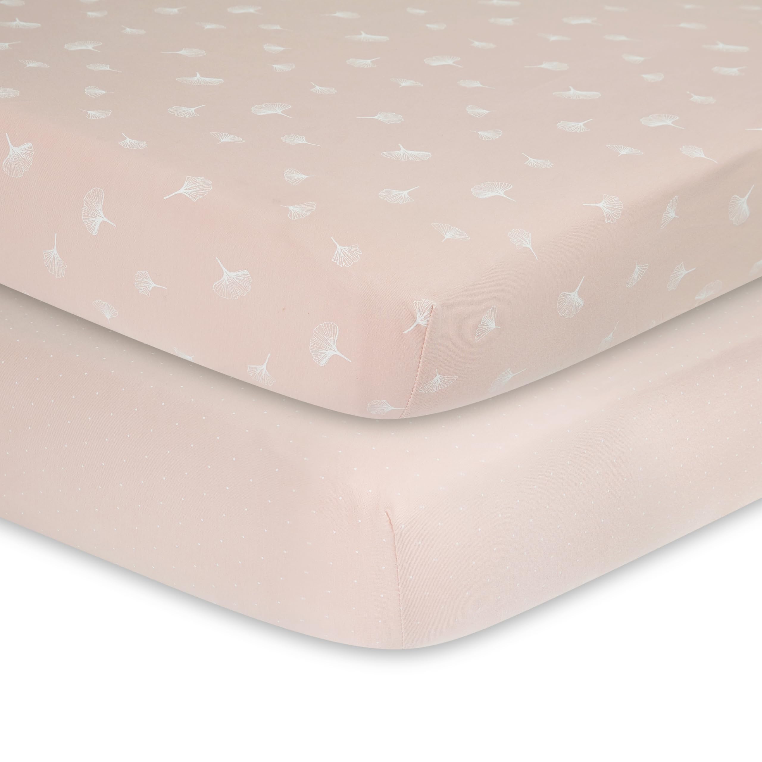 Ely’s & Co. Crib Sheet 2-Pack — Combed, 100% Jersey Cotton for Baby Girl — Rosewater Pink, Pin Dots & Gingko Leaves 52” x 28”