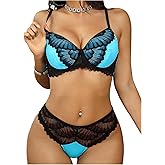 OYOANGLE Women's Butterfly Lace Lingerie Set 2 Piece Sexy Underwire Push Up Bra and Hipster Panty Sets