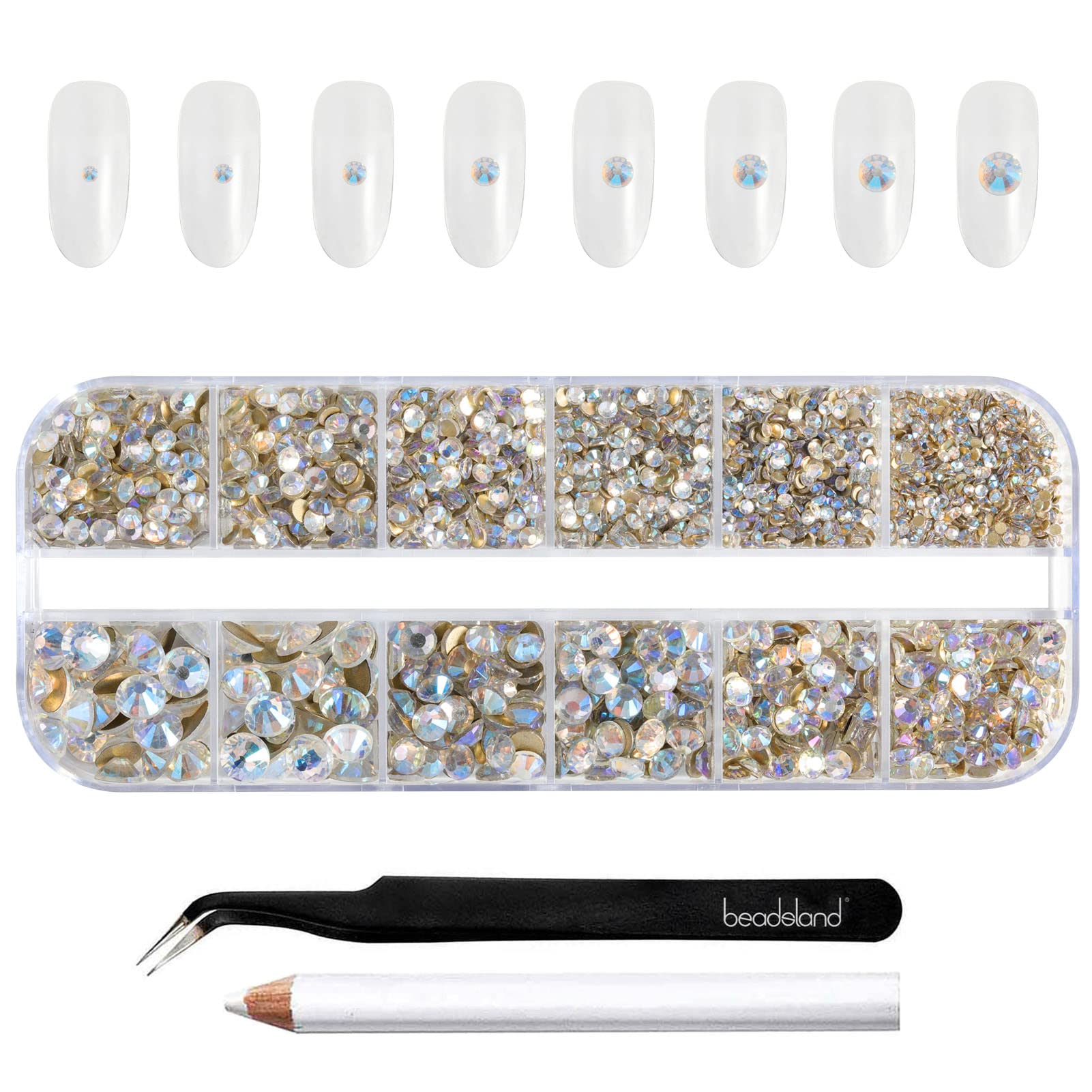 Beadsland Rhinestones for Makeup,8 Sizes 2500pcs Crystal Flatback Rhinestones Face Gems for Nails Crafts with Tweezers and Wax Pencil,Blue Moonlight,SS4-SS30 — image 1