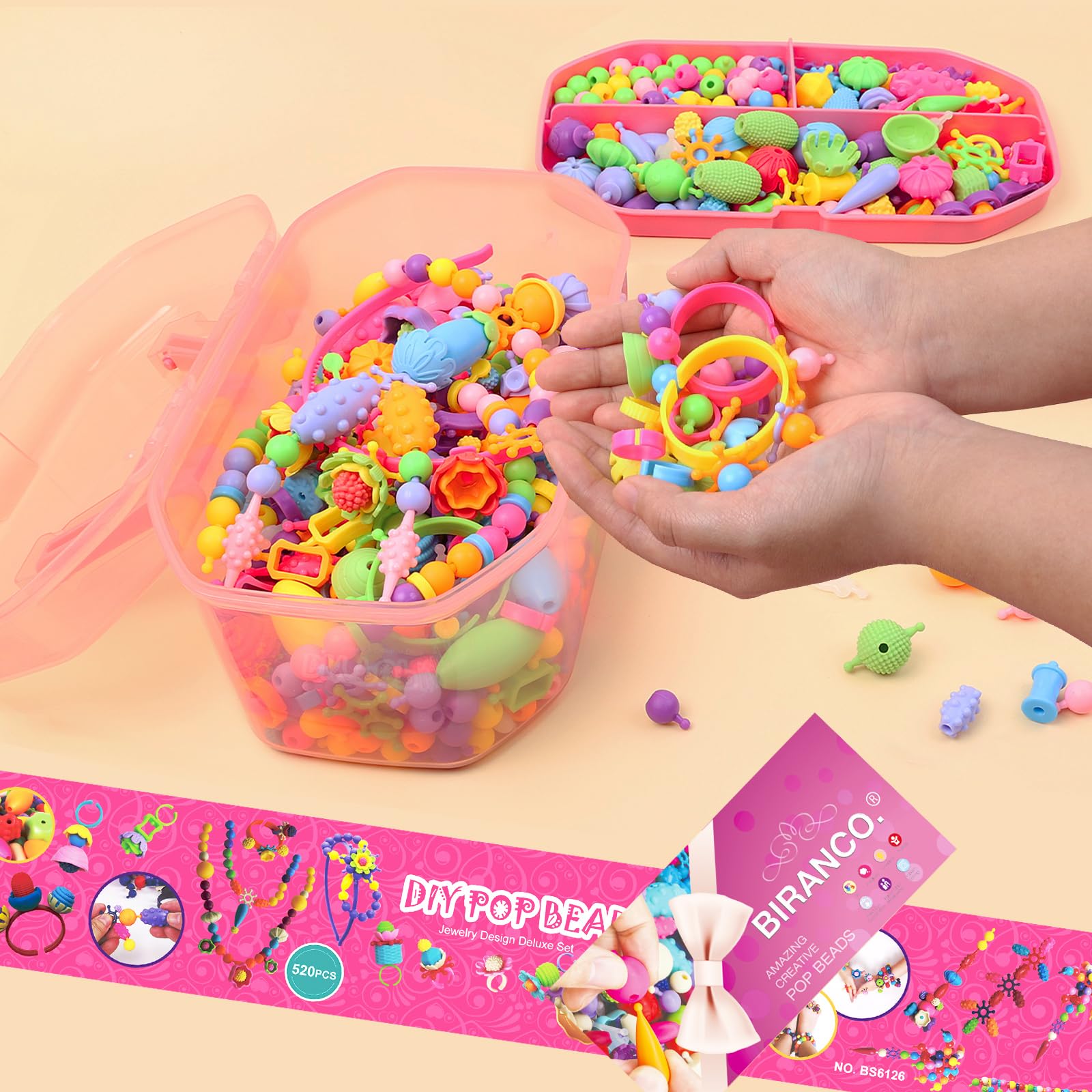 BIRANCO. Pop Beads, Jewelry Making Kit - Arts and Crafts for Girls 3-7 Years Old, Snap Beads Toys - Necklace, Bracelet, Ring Creative DIY Set - 520 pcs