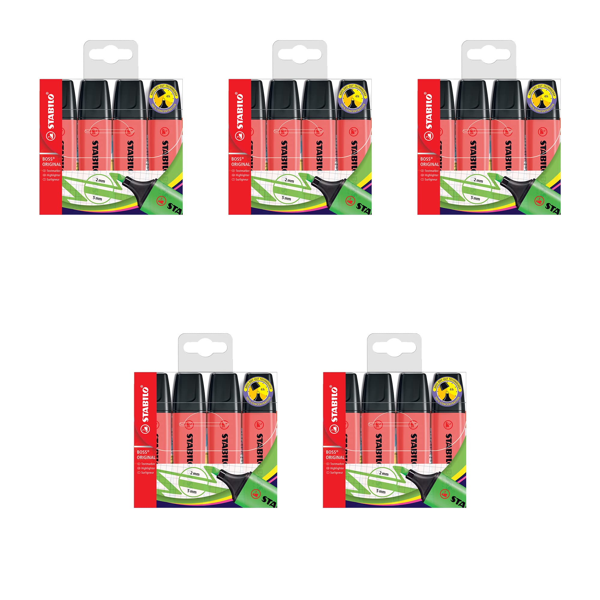 Highlighter - STABILO BOSS ORIGINAL - 5 x Pack of 4 - Red