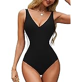BMJL Women's One Piece Swimsuit Slimming Tummy Control Bathing Suit Deep V Neck Color Block Lace Up Back Swimwear