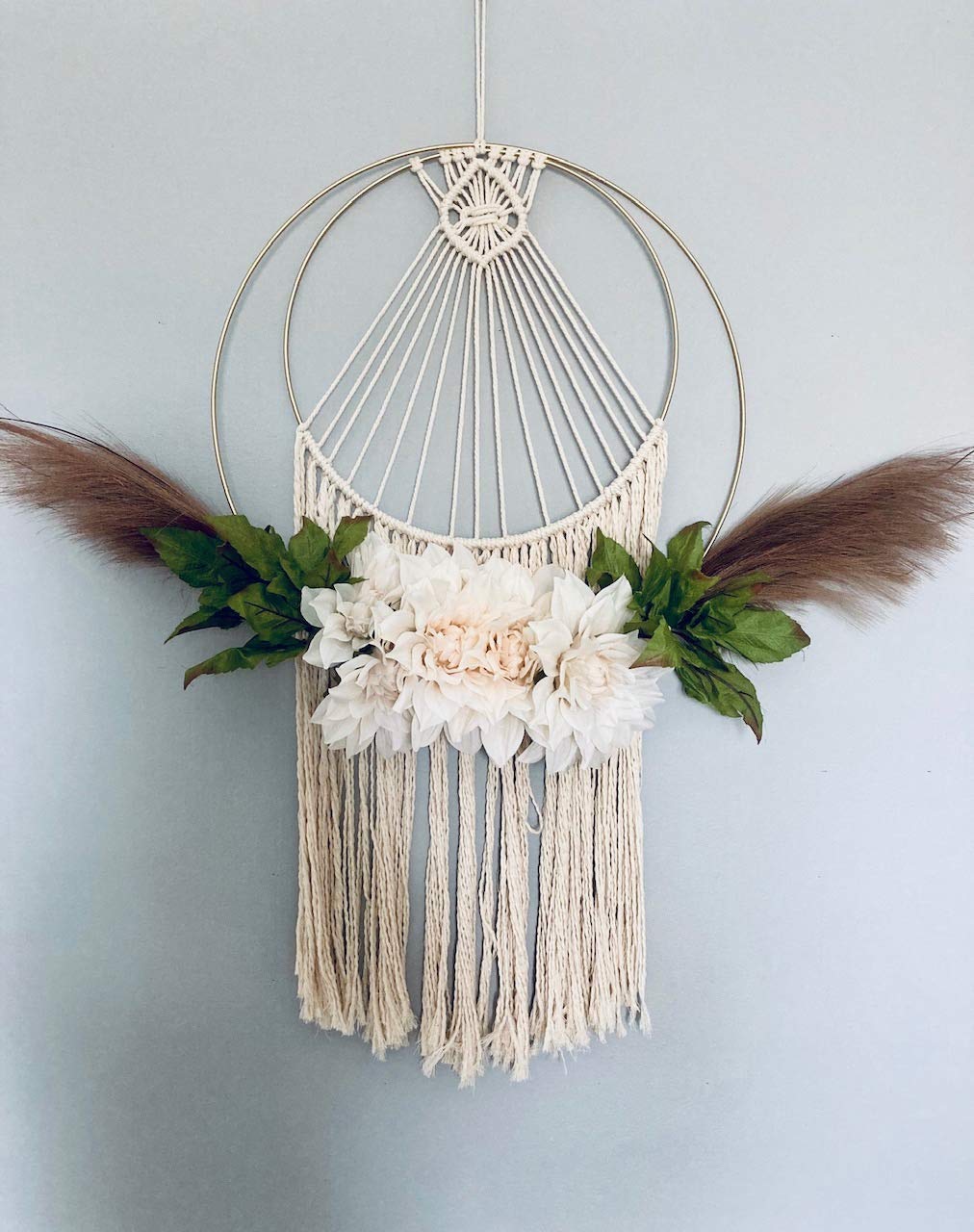 hanging wall greenery on Amazon Com Floral Macrame Wall Hanging With Cream Flowers Greenery And Artificial Grasses Boho Chic Handmade