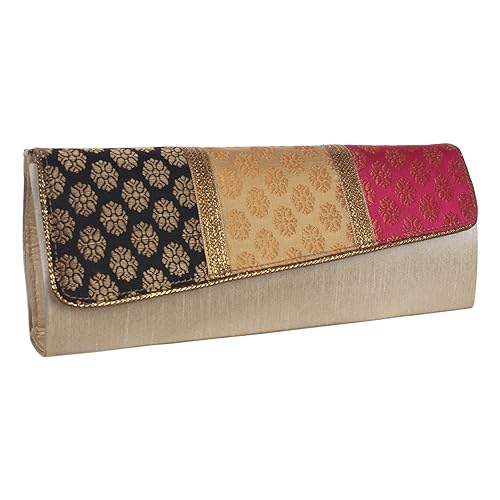 Mela Ethnic Partywear, Multicolor Cross Flap Women`s Clutch - Cream